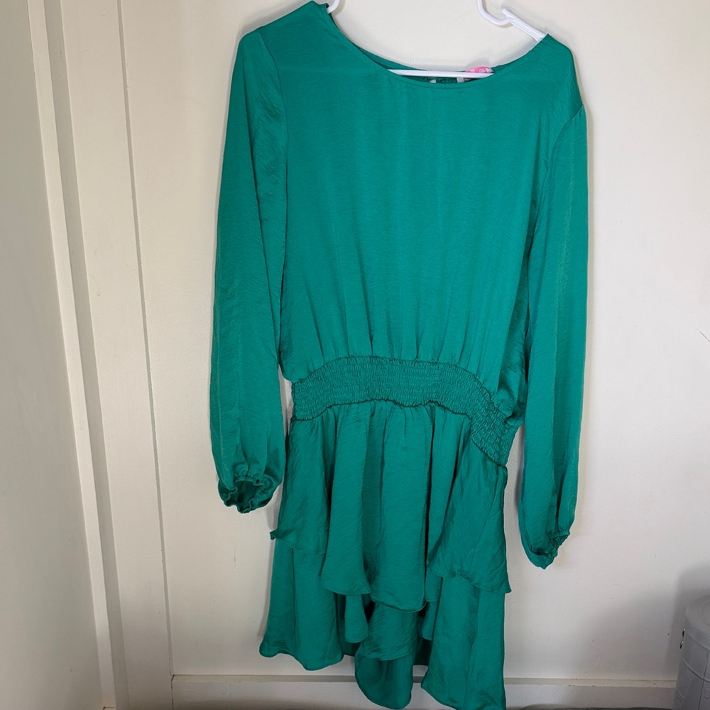 Pink lily Long Sleeve Emerald Green Ruffle Dress/Romper